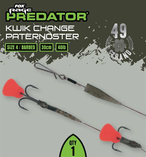 Fox Rage Predator Kwik Change Paternoster Trace 30cm Size 8 6 4 Barbed - 40lb/18kg