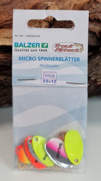 Balzer Trout Attack Micro Spinnerblätter 6 Farben 12 Stück + 12 Achsen