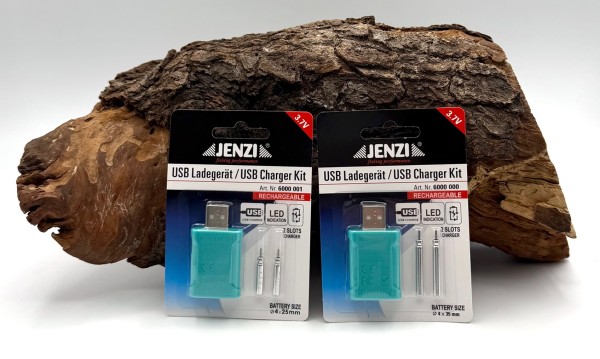 Jenzi USB Ladegerät inkl 2 Stabbatterien LIR 425 3,7V Wiederaufladbar 2 Größen