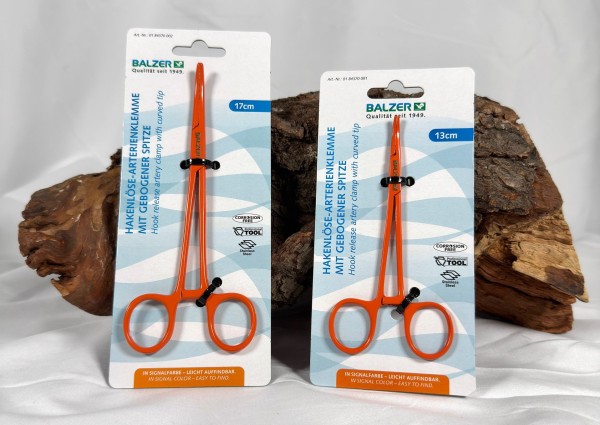 Balzer Hakenlösezange gebogen Edelstahl 13cm & 17cm Orange