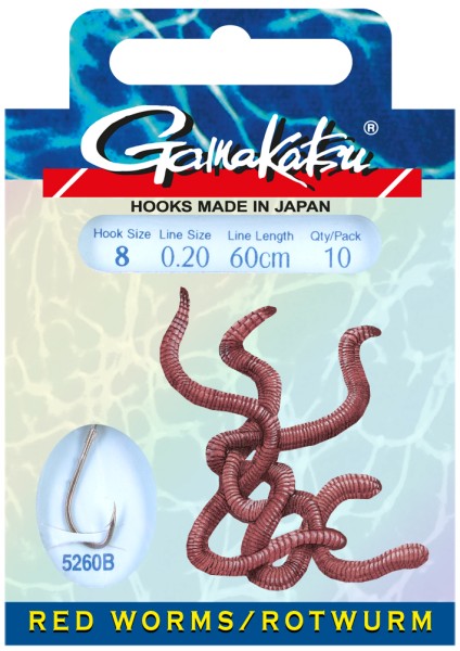 Gamakatsu 5260B Red Worm/Rotwurm Haken silber Gr.4 6 8 Länge 60cm